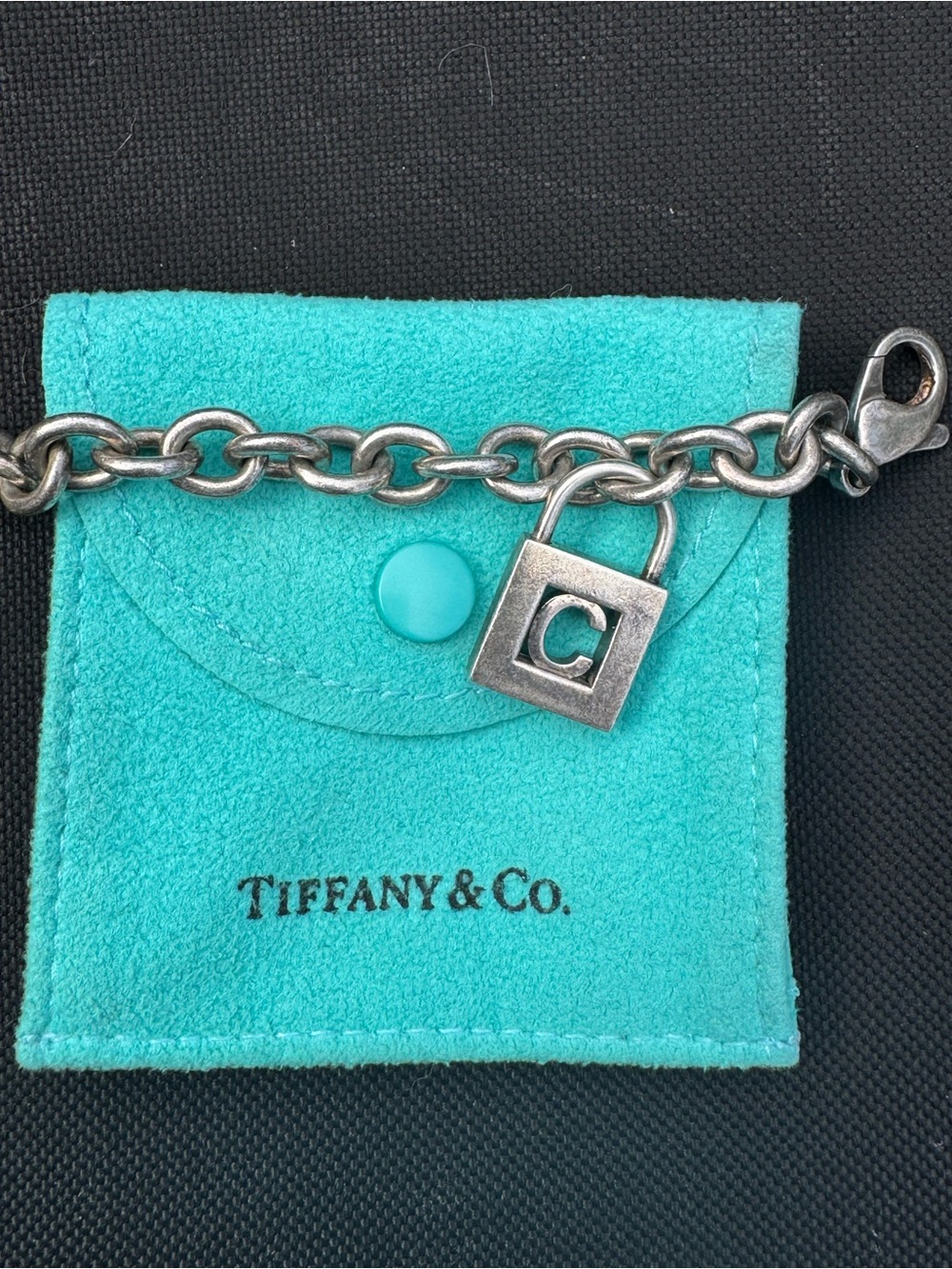 Authentic Tiffany & Co. Sterling Silver Letter C Initial Padlock Bracelet w/ Pou